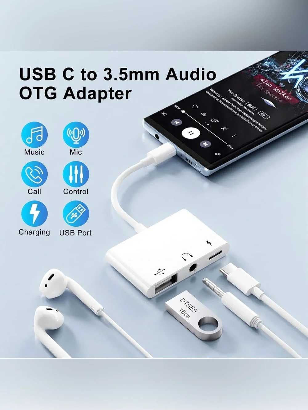 USB C to 3.5mm Audio OTG Adapter w/60W PD Fast Charging Headphone Splitter 3in1